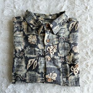 Vintage ME Sport Hawaiian Shirt Mens XL Navy Tropical Hibiscus Aztec Rayon Beach